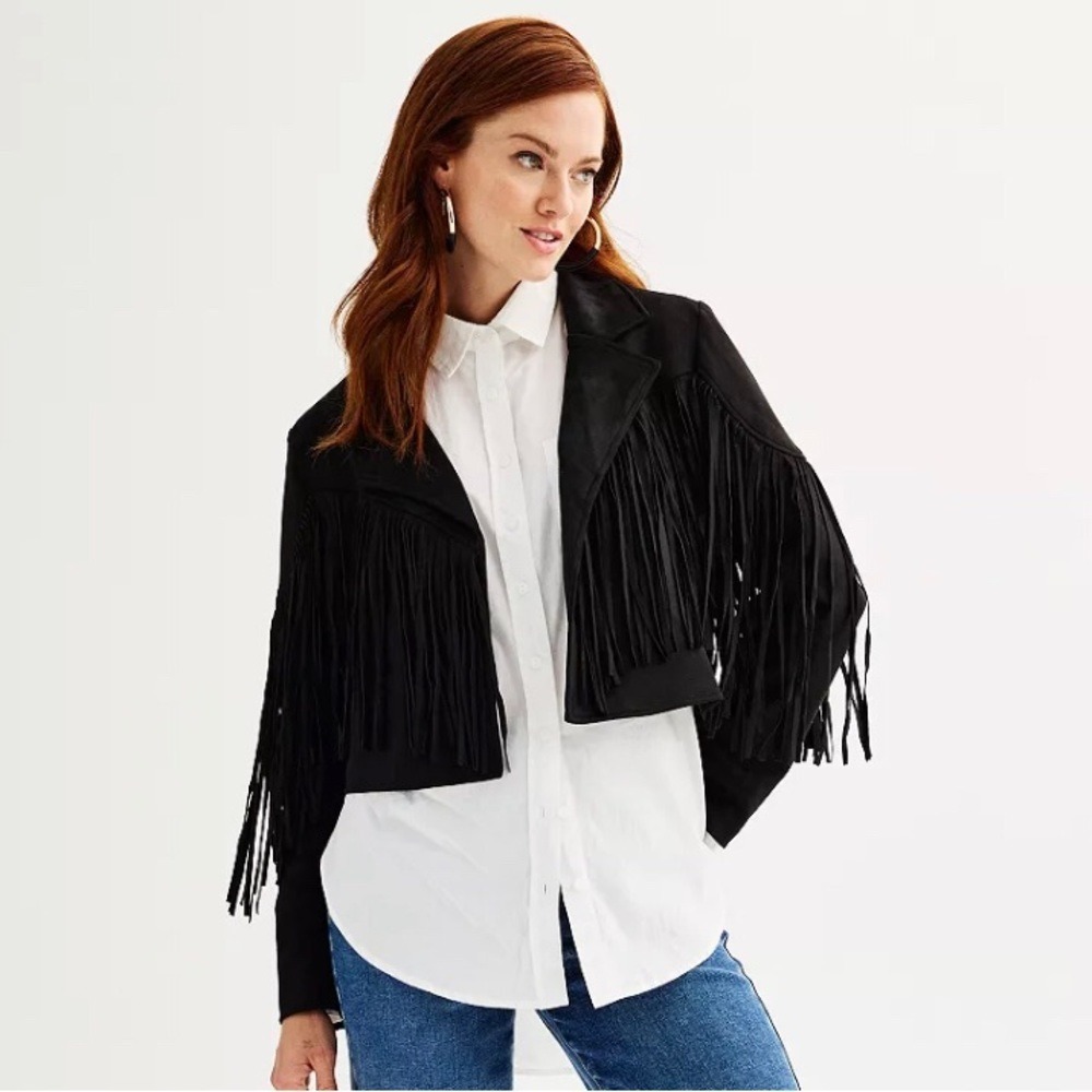 Catherine Malandrino Women's XS Fringe Faux-Suede Jacket Biker 80s NEW
